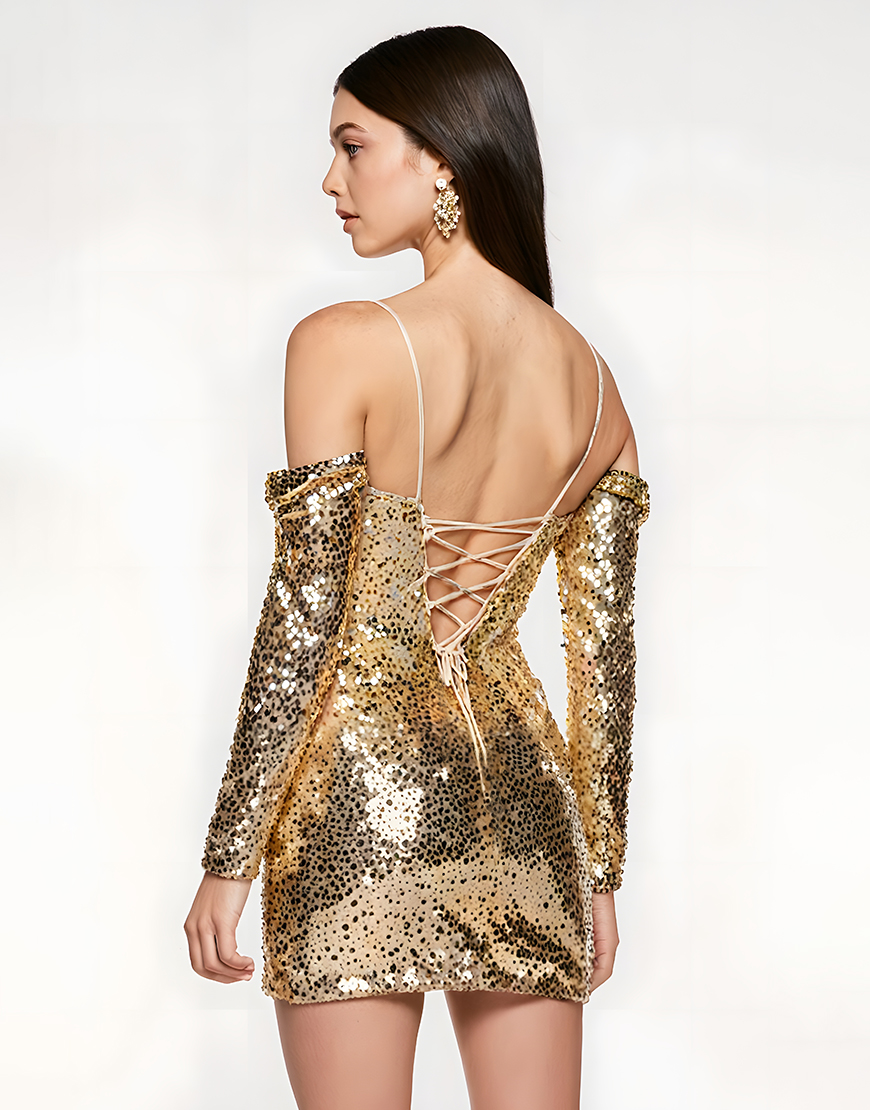 Sparkly Golden Cold Shoulder Tight Short Homecoming Dress with Sleeves