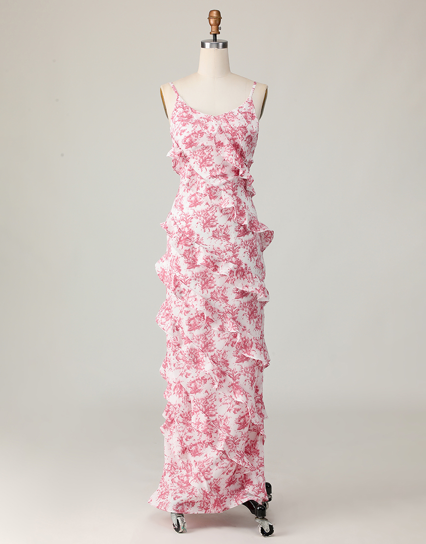 Blush Floral Ruffled Spaghetti Straps Long Wedding Guest Dress with Slit