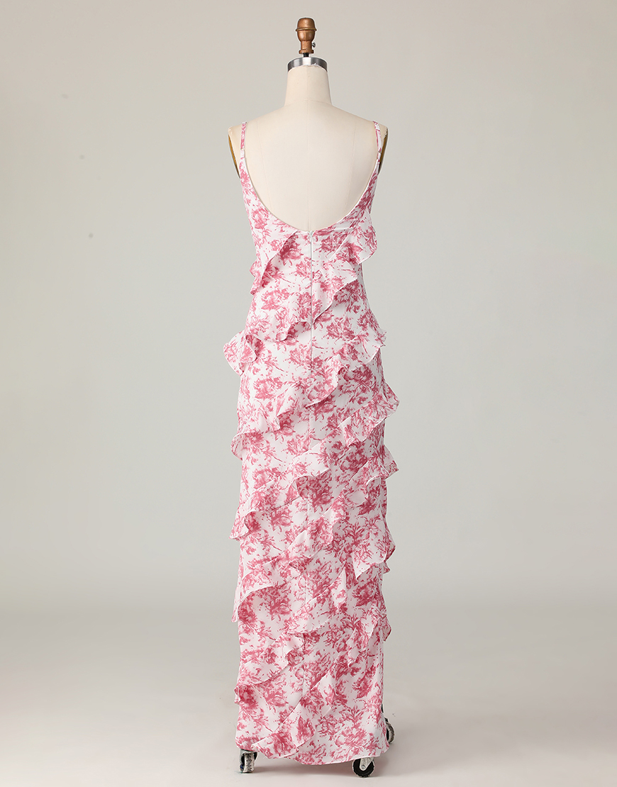 Blush Floral Ruffled Spaghetti Straps Long Wedding Guest Dress with Slit