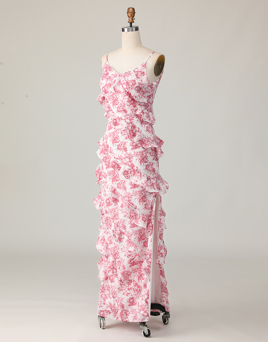 Blush Floral Ruffled Spaghetti Straps Long Wedding Guest Dress with Slit