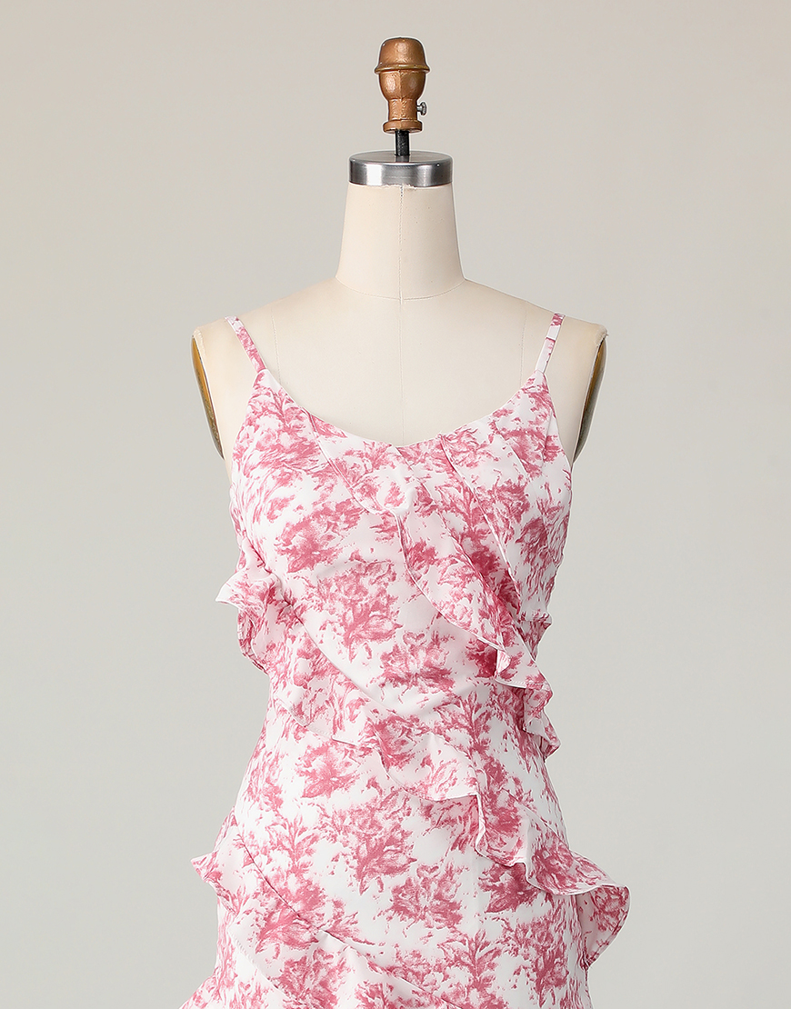 Blush Floral Ruffled Spaghetti Straps Long Wedding Guest Dress with Slit