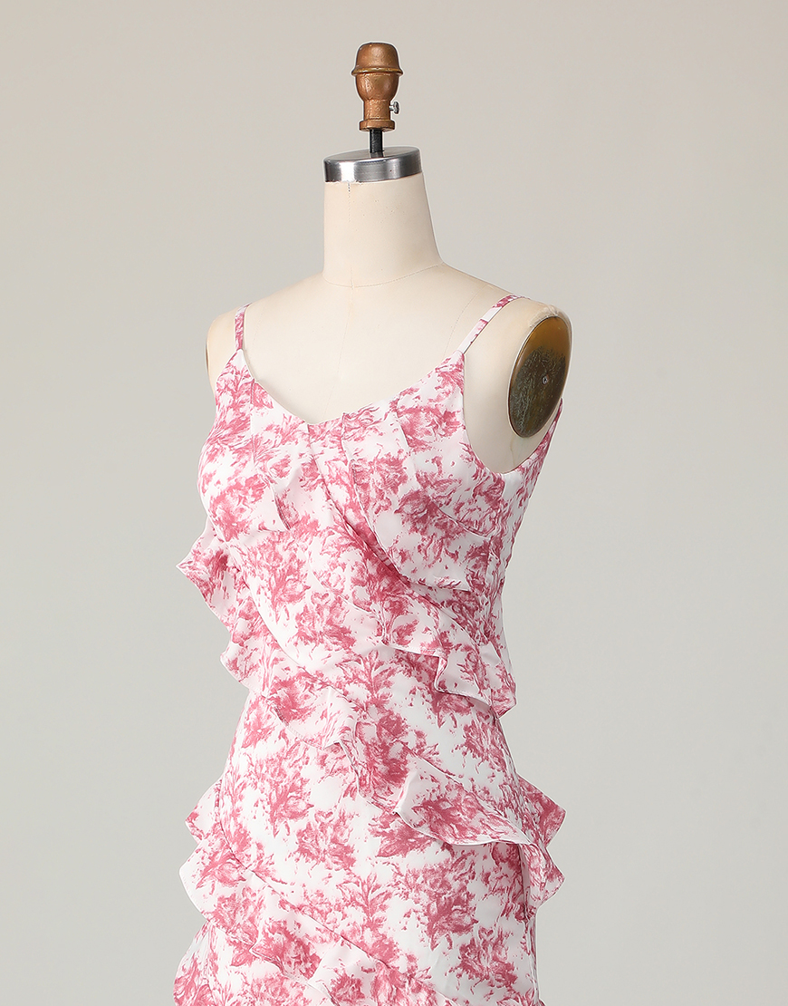 Blush Floral Ruffled Spaghetti Straps Long Wedding Guest Dress with Slit