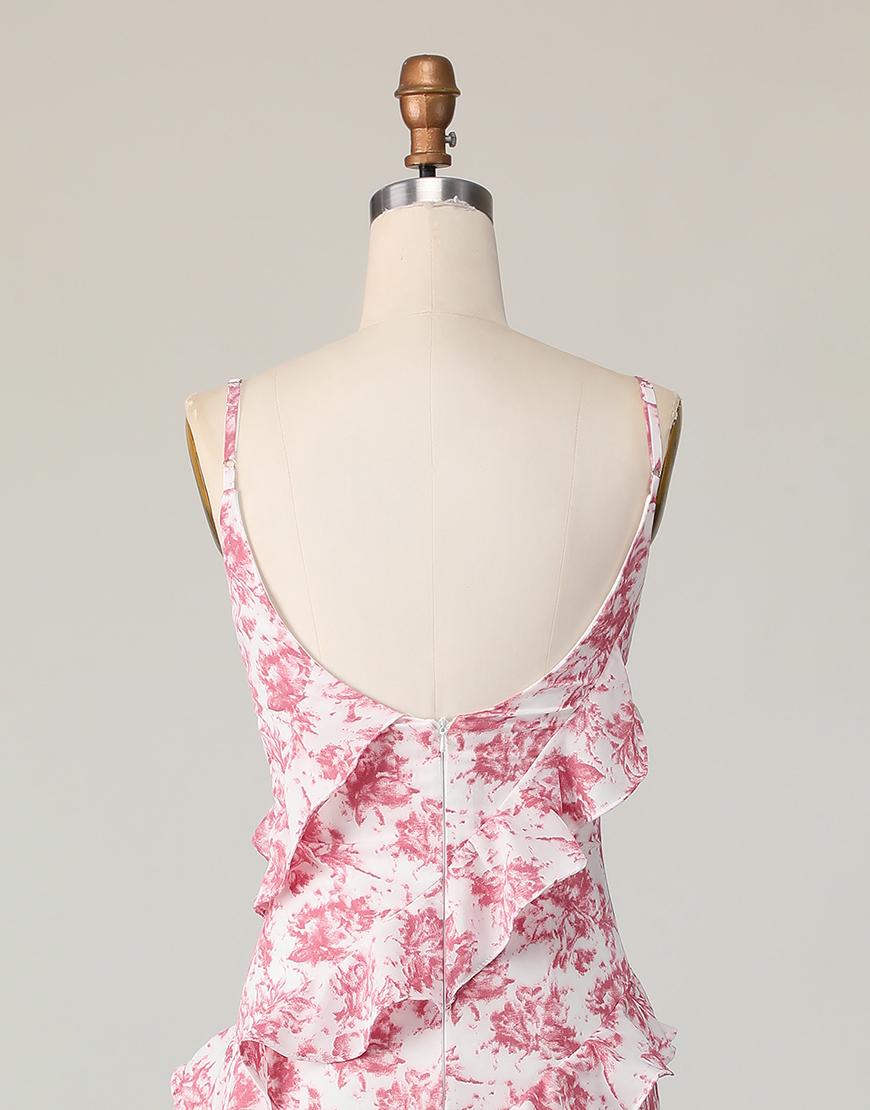 Blush Floral Ruffled Spaghetti Straps Long Wedding Guest Dress with Slit