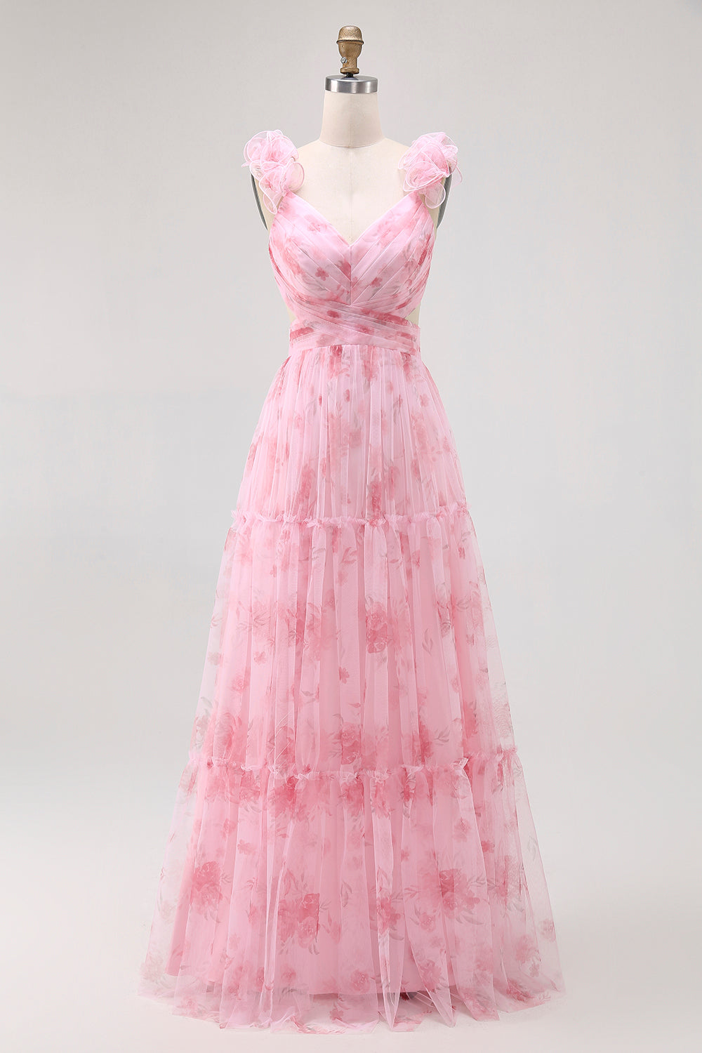 Blush Floral V-Neck Chiffon A-Line Long Prom Dress