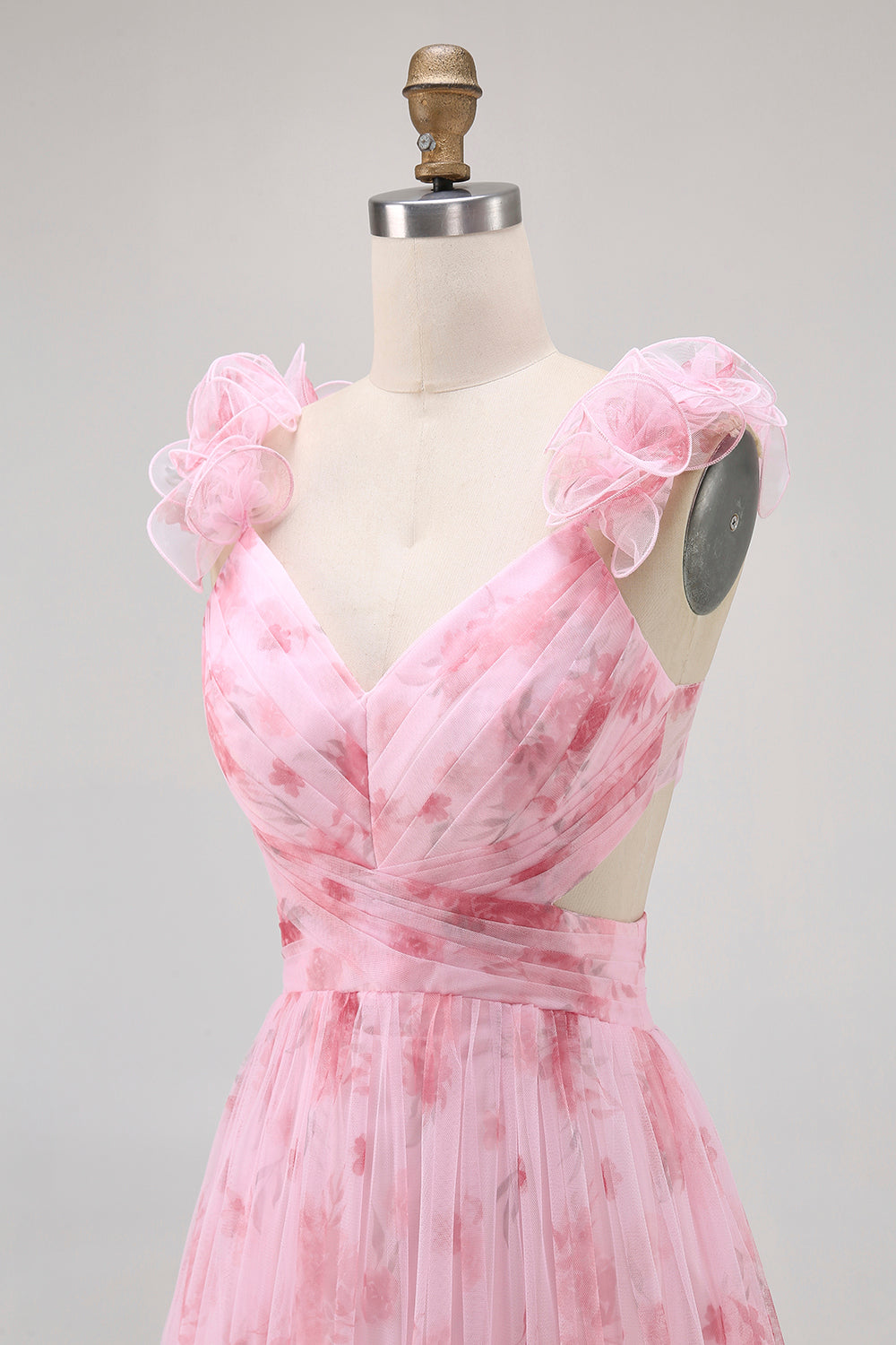 Blush Floral V-Neck Chiffon A-Line Long Prom Dress