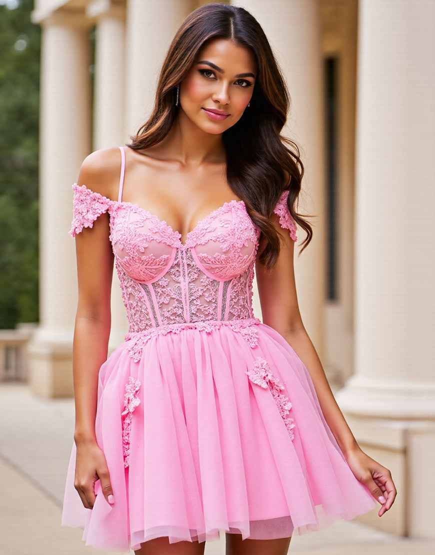 Pink Corset A Line Tulle Short Homecoming Dress with Lace