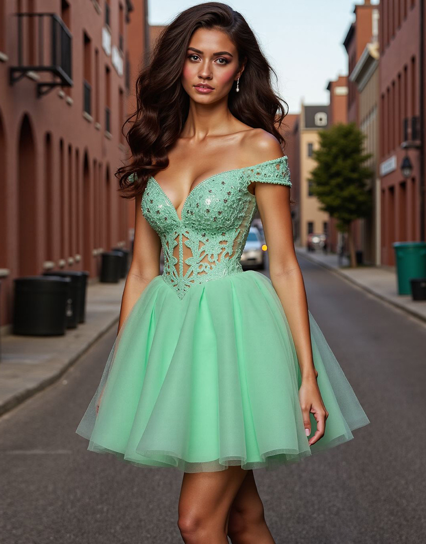 Sparkly Light Green A Line Corset Tulle Short Homecoming Dress with Lace