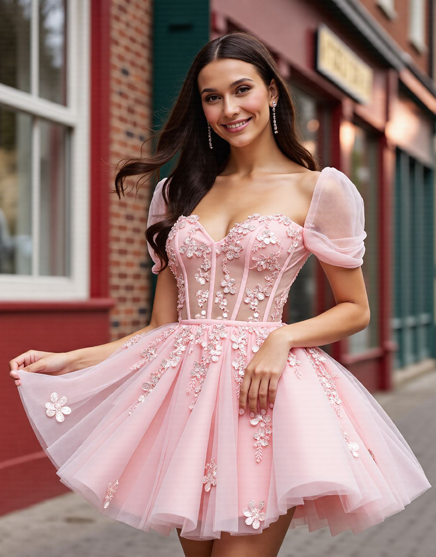 Blush Corset Short Floral Tulle Homecoming Dress with Appliques