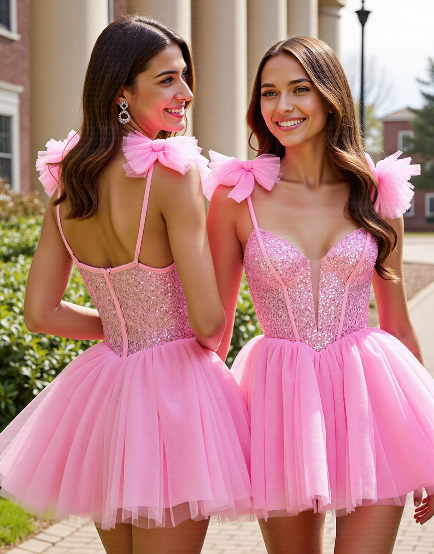 Sparkly Pink Short A Line Tulle Homecoming Dress with Sequins