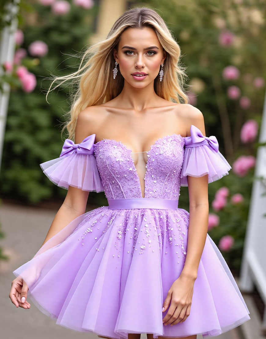 Lavender Corset Tulle Short Homecoming Dress with Appliques