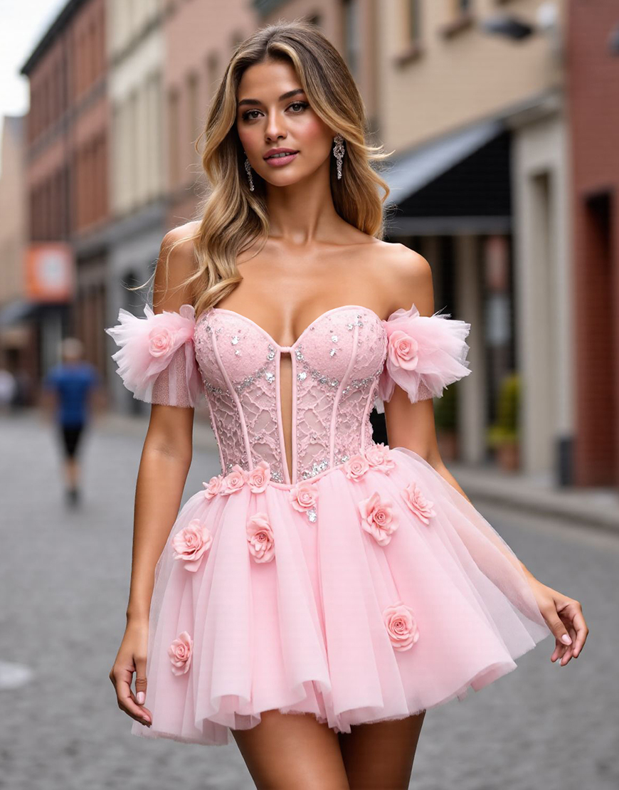 Blush Floral Short Corset Homecoming Dress with Lace