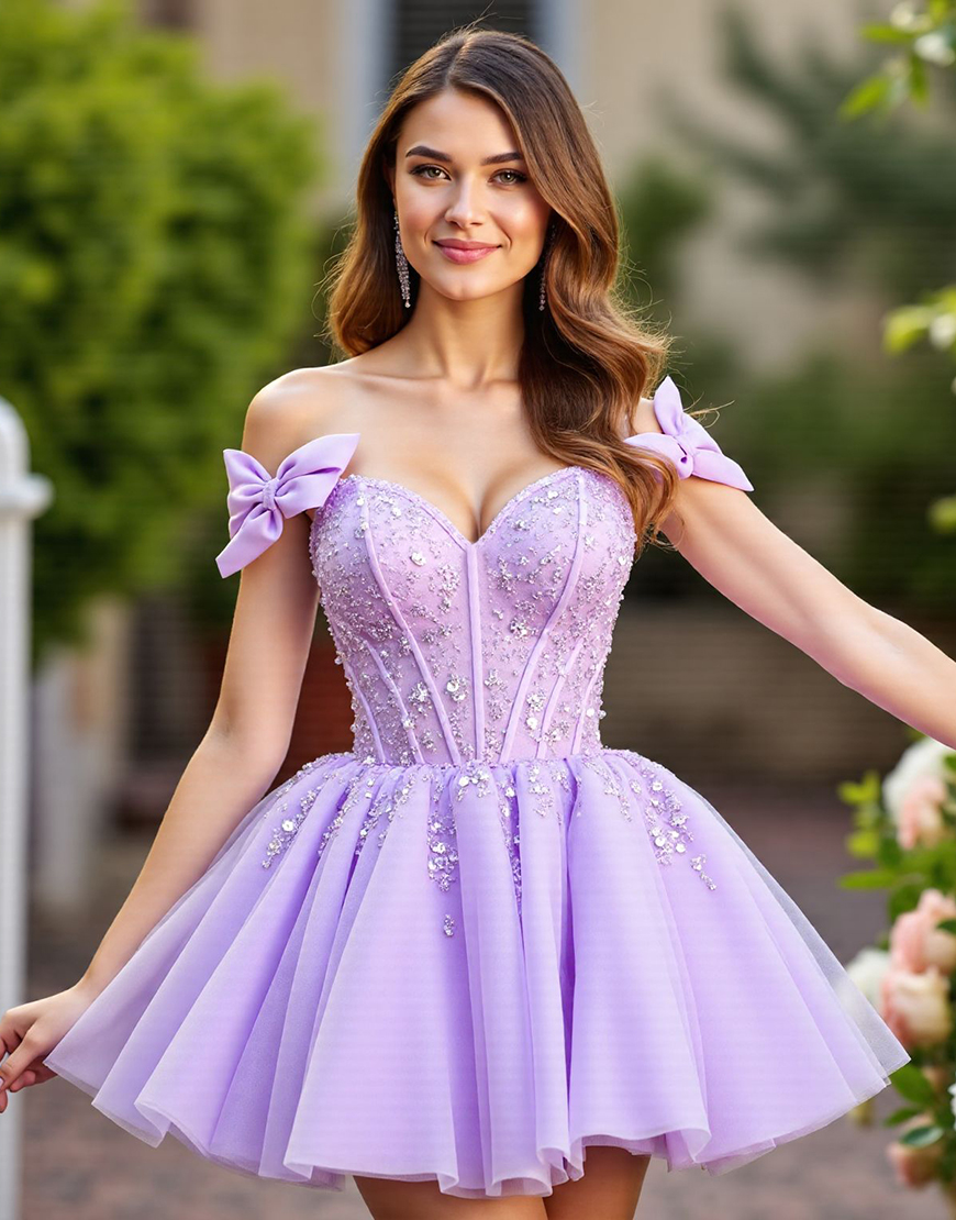Lavender Tulle Corset Short Homecoming Dress with Bows