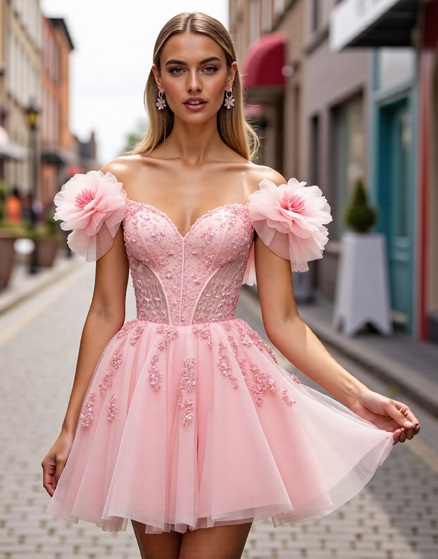Blush Floral Corset Short Homecoming Dress with Appliques