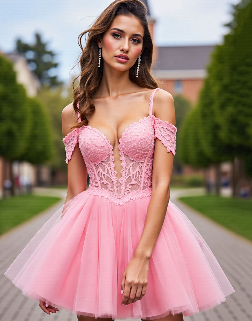 Blush Tulle Corset Detachable Sleeves Short Homecoming Dress with Lace