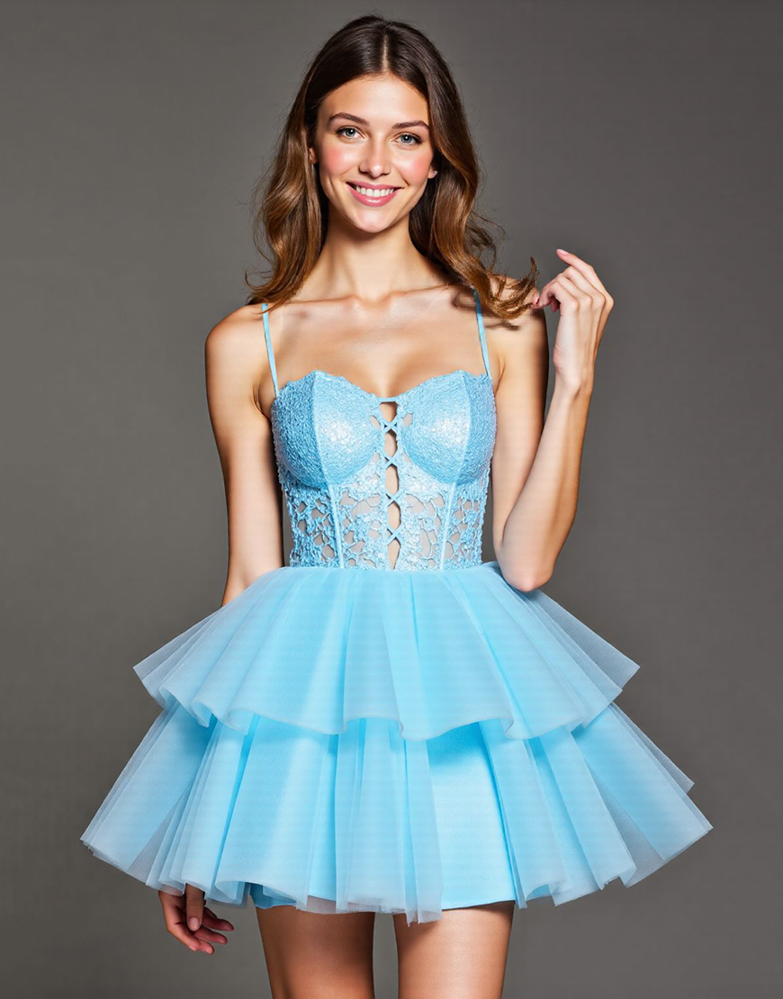 Sky Blue Corset Tulle Short Homecoming Dress with Lace