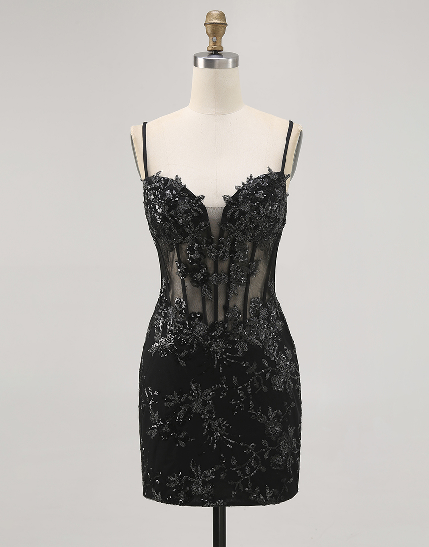 Sparkly Black Spaghetti Straps Tight Short Corset Homecoming Dress with Lace
