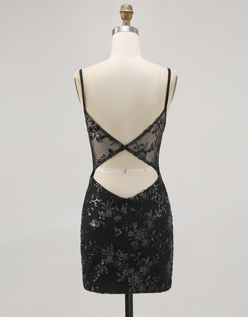 Sparkly Black Spaghetti Straps Tight Short Corset Homecoming Dress with Lace