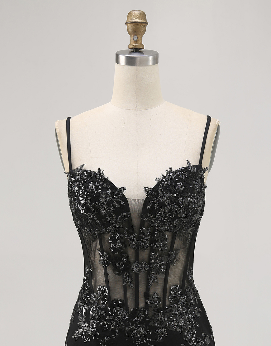 Sparkly Black Spaghetti Straps Tight Short Corset Homecoming Dress with Lace