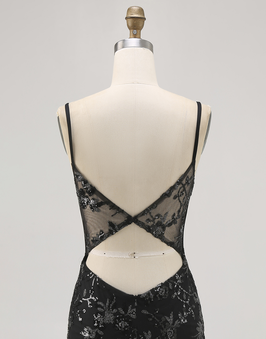 Sparkly Black Spaghetti Straps Tight Short Corset Homecoming Dress with Lace