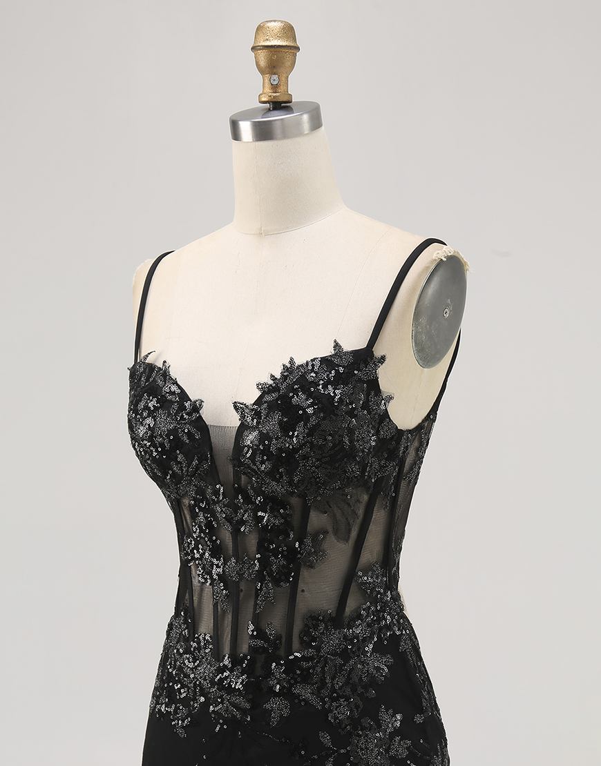 Sparkly Black Spaghetti Straps Tight Short Corset Homecoming Dress with Lace