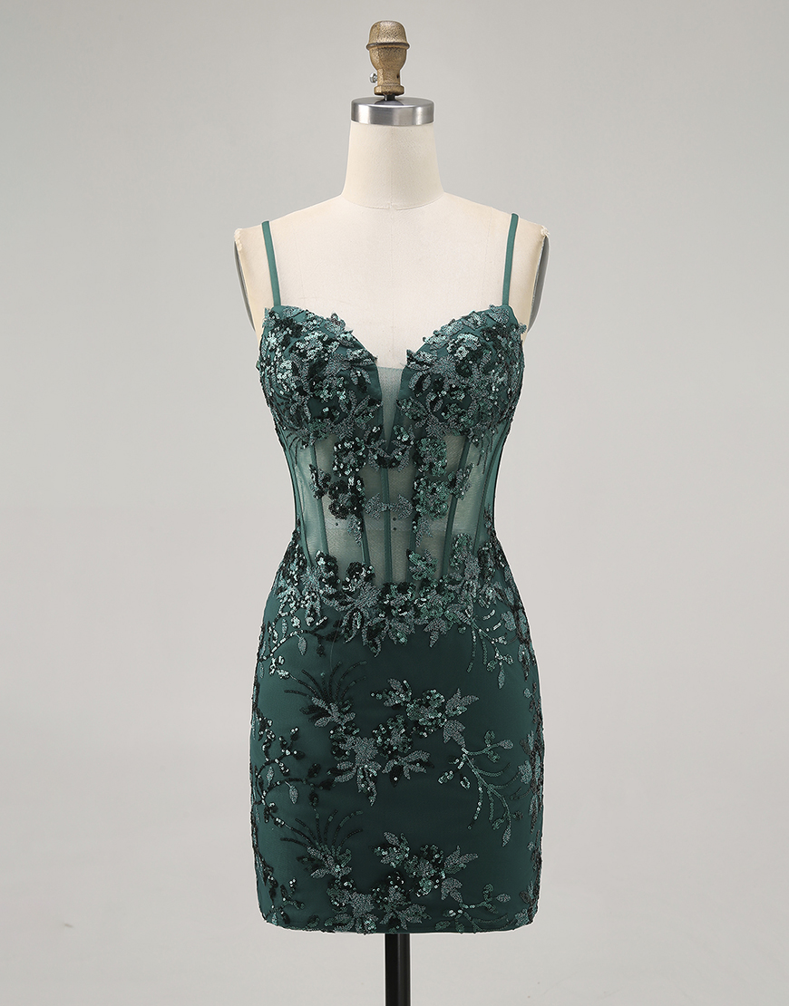 Sparkly Dark Green Tight Short Corset Homecoming Dress with Sequins