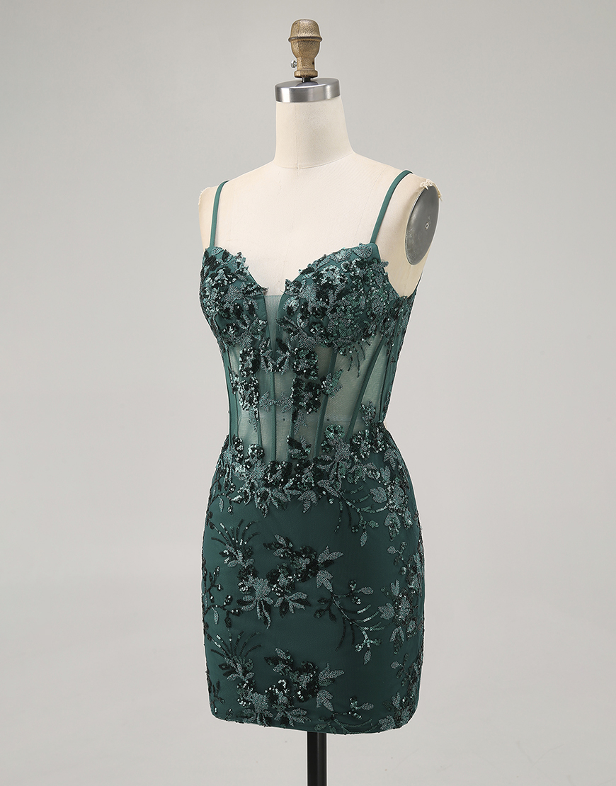 Sparkly Dark Green Tight Short Corset Homecoming Dress with Sequins