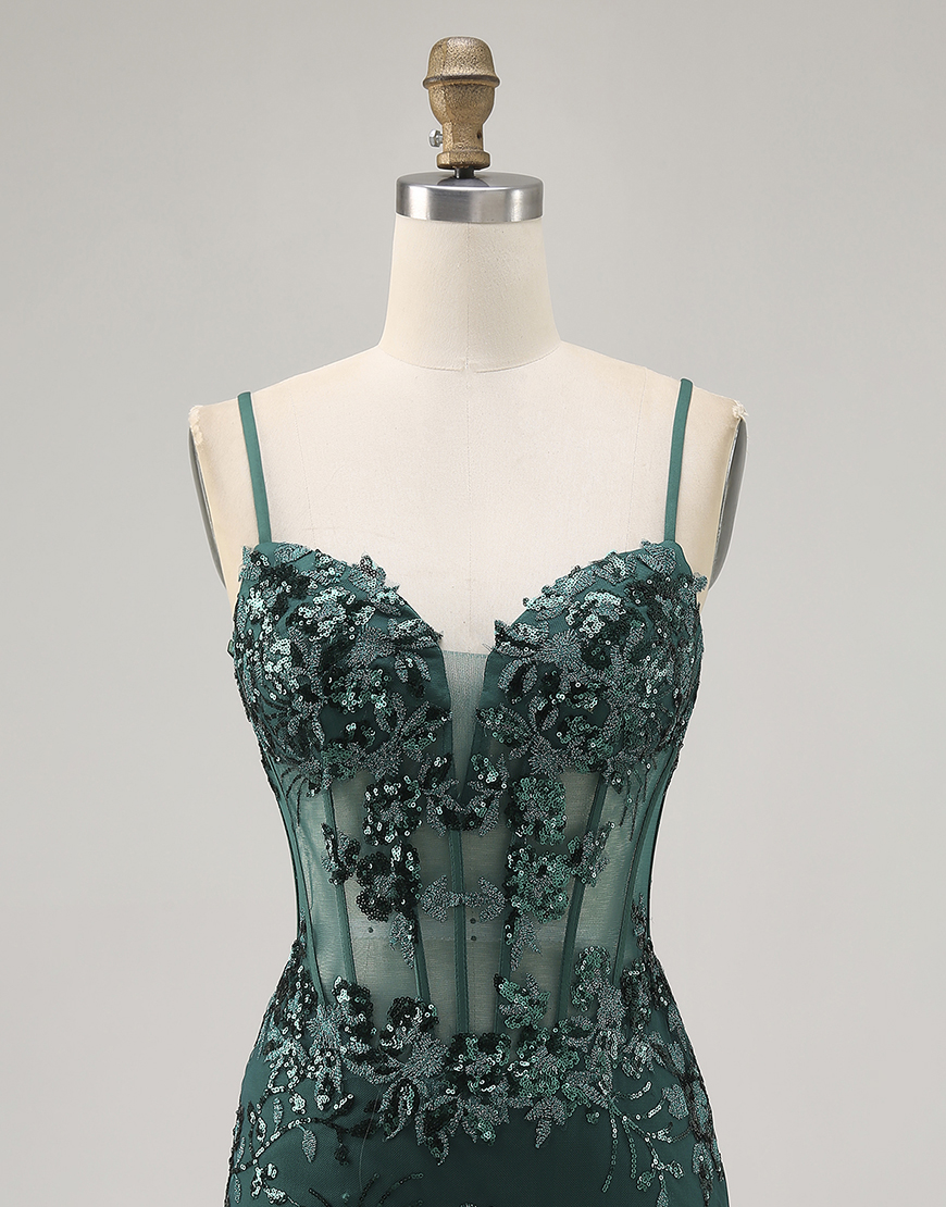 Sparkly Dark Green Tight Short Corset Homecoming Dress with Sequins