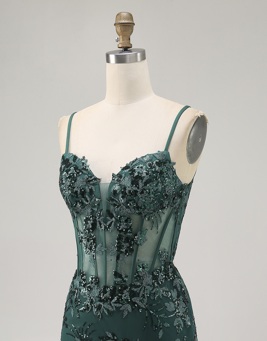 Sparkly Dark Green Tight Short Corset Homecoming Dress with Sequins