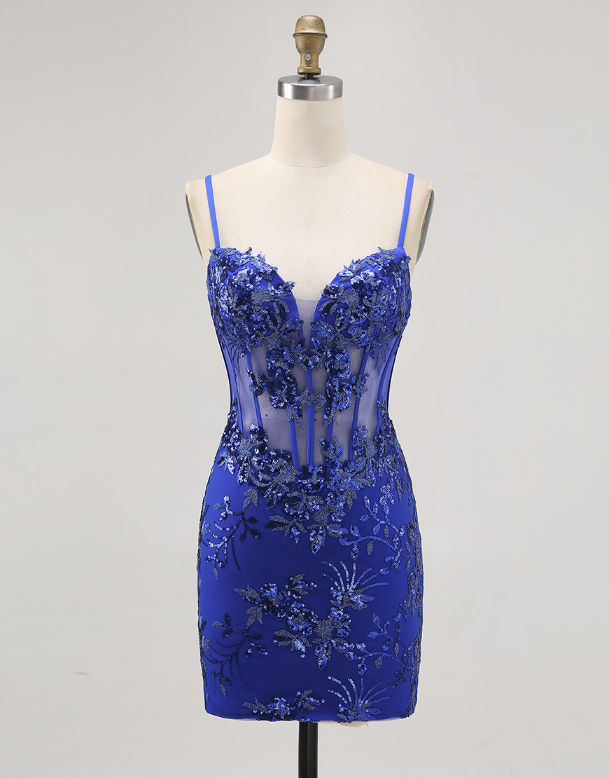 Sparkly Royal Blue Tulle Tight Short Corset Homecoming Dress with Lace