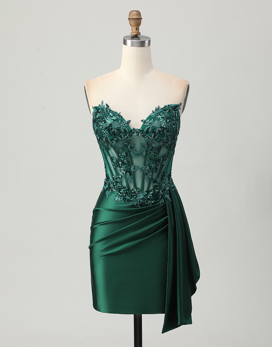 Sparkly Dark Green Satin Short Corset Homecoming Dress with Ruffles