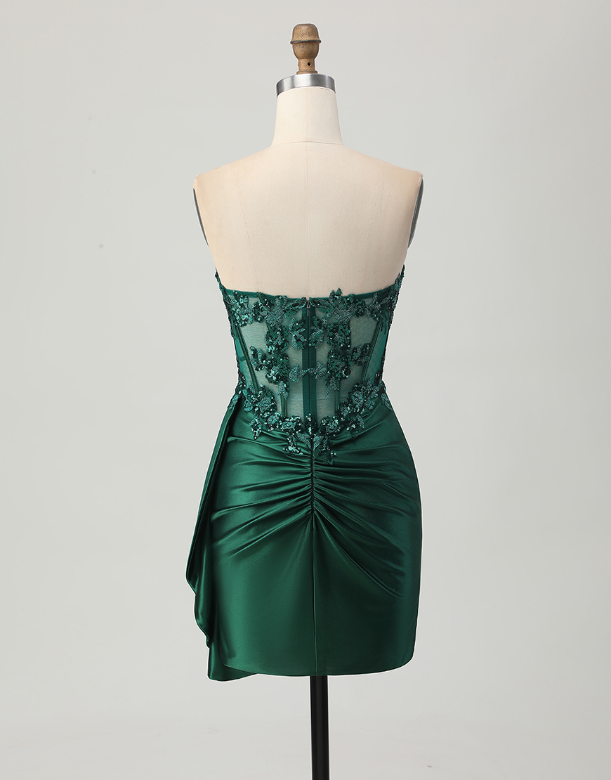 Sparkly Dark Green Satin Short Corset Homecoming Dress with Ruffles