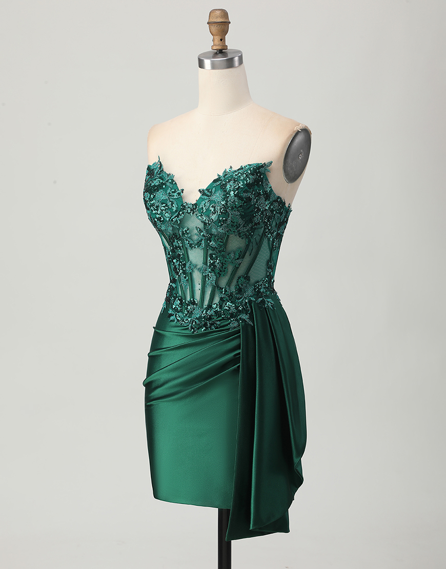 Sparkly Dark Green Satin Short Corset Homecoming Dress with Ruffles