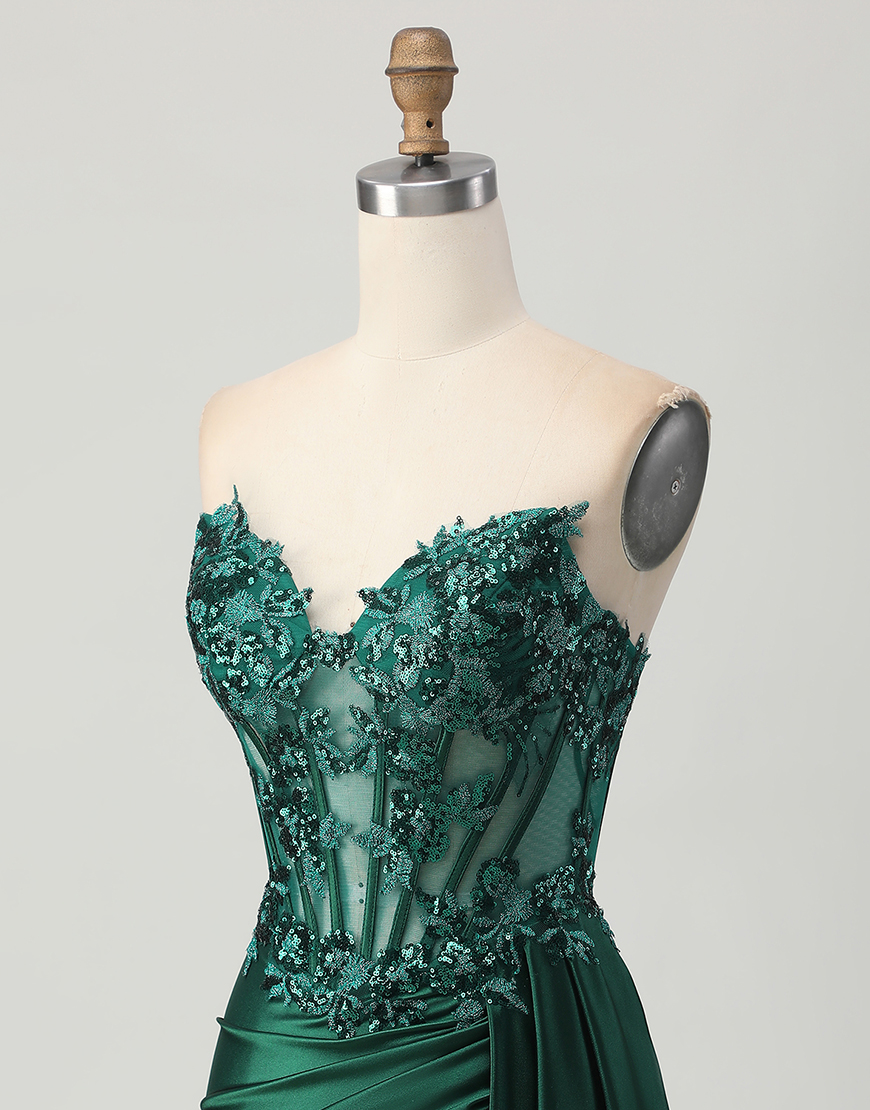 Sparkly Dark Green Satin Short Corset Homecoming Dress with Ruffles
