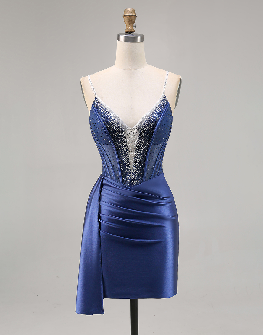 Sparkly Navy Satin Ruffled Short Corset Homecoming Dress with Beading