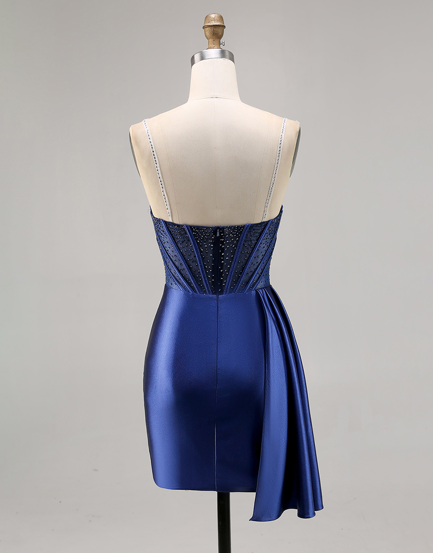 Sparkly Navy Satin Ruffled Short Corset Homecoming Dress with Beading