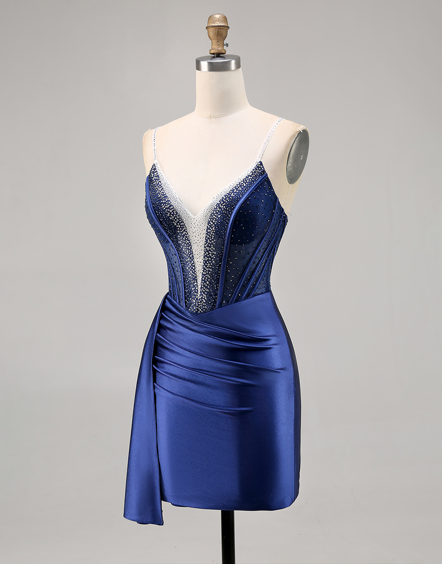 Sparkly Navy Satin Ruffled Short Corset Homecoming Dress with Beading