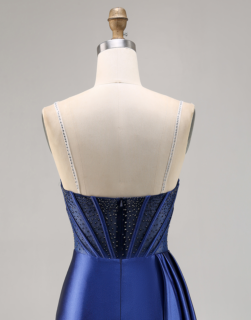 Sparkly Navy Satin Ruffled Short Corset Homecoming Dress with Beading