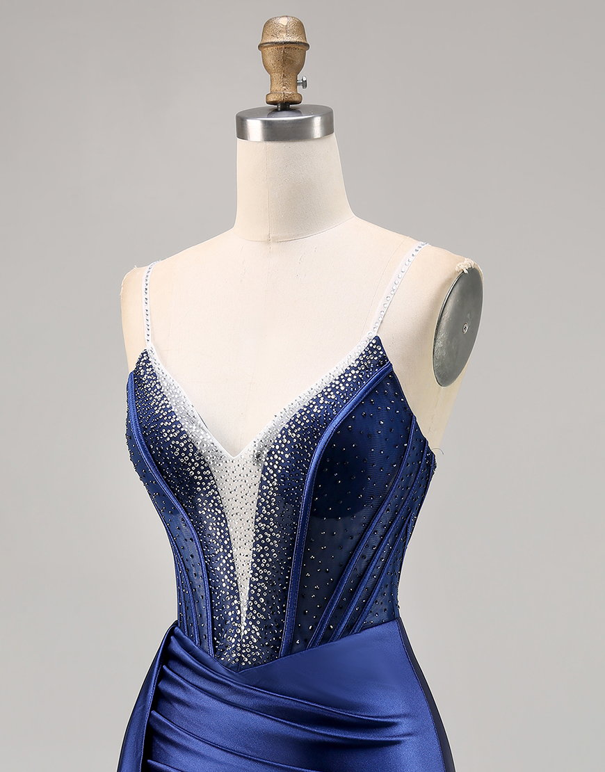 Sparkly Navy Satin Ruffled Short Corset Homecoming Dress with Beading