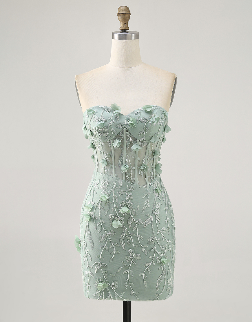 Sparkly Sage Sweetheart Corset Floral Tight Short Homecoming Dress with Beading