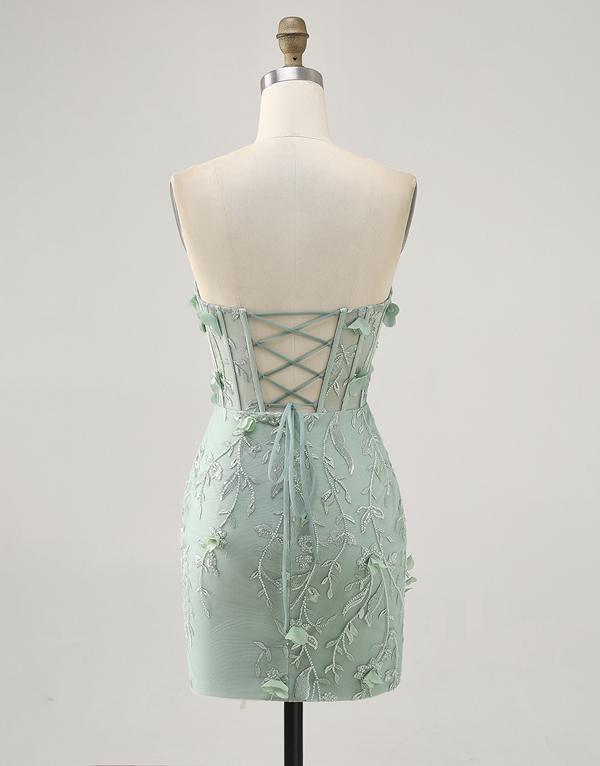 Sparkly Sage Sweetheart Corset Floral Tight Short Homecoming Dress with Beading