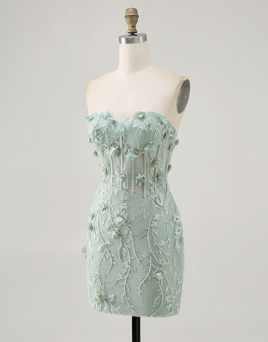 Sparkly Sage Sweetheart Corset Floral Tight Short Homecoming Dress with Beading