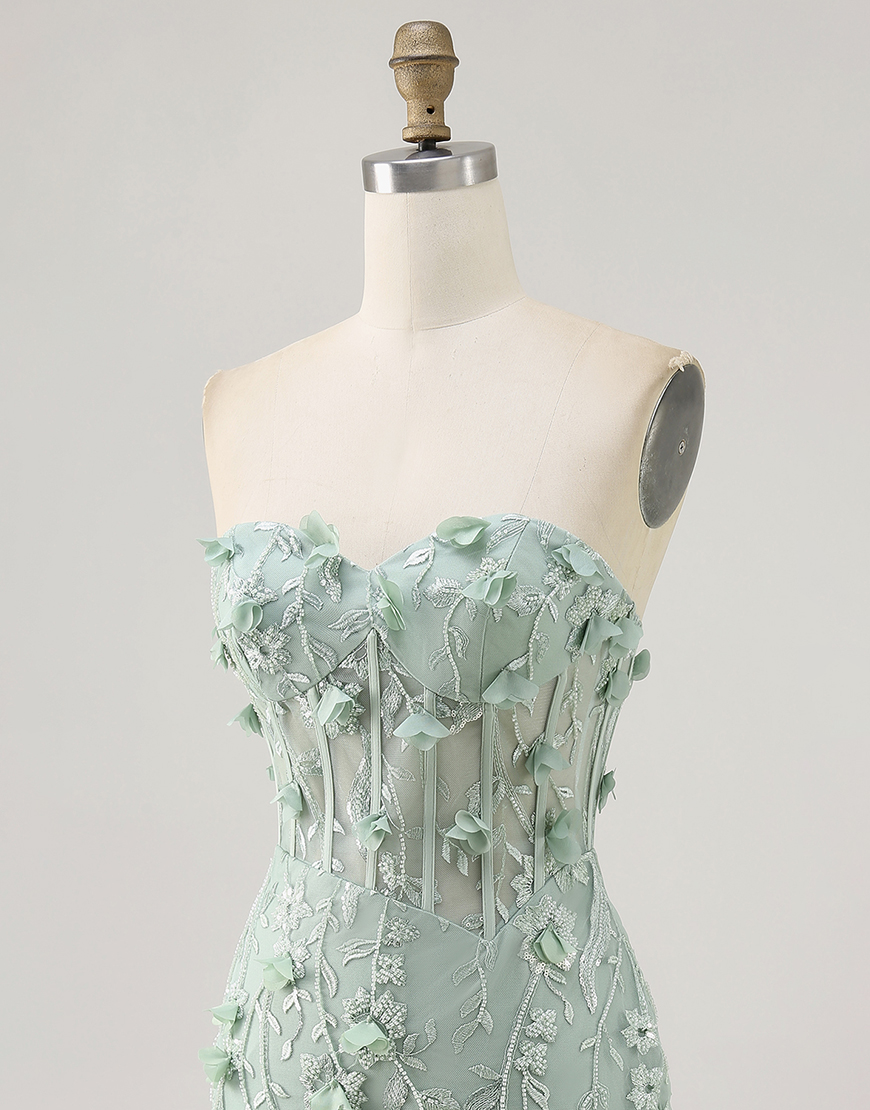 Sparkly Sage Sweetheart Corset Floral Tight Short Homecoming Dress with Beading