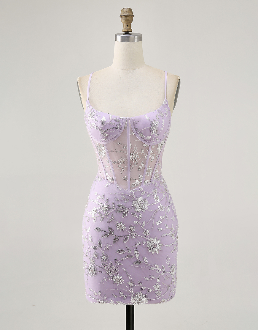 Sparkly Lilac Corset Floral Tight Short Homecoming Dress with Sequins