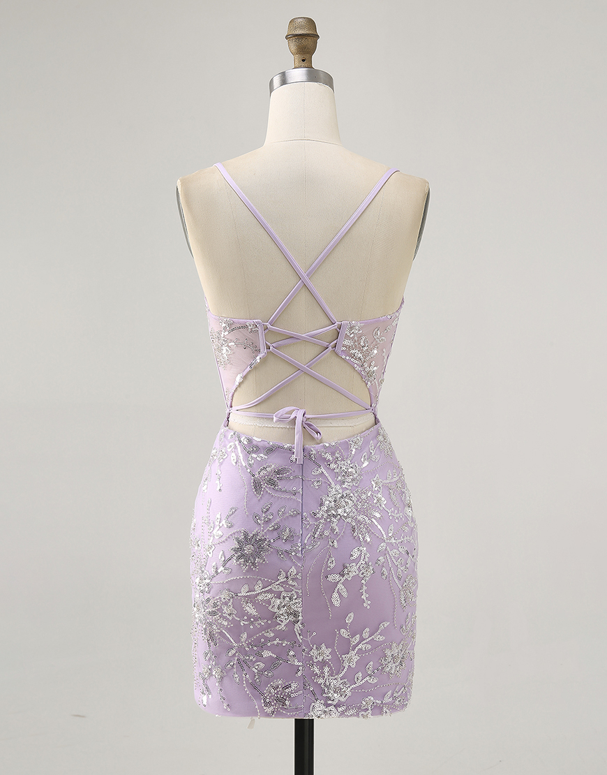 Sparkly Lilac Corset Floral Tight Short Homecoming Dress with Sequins