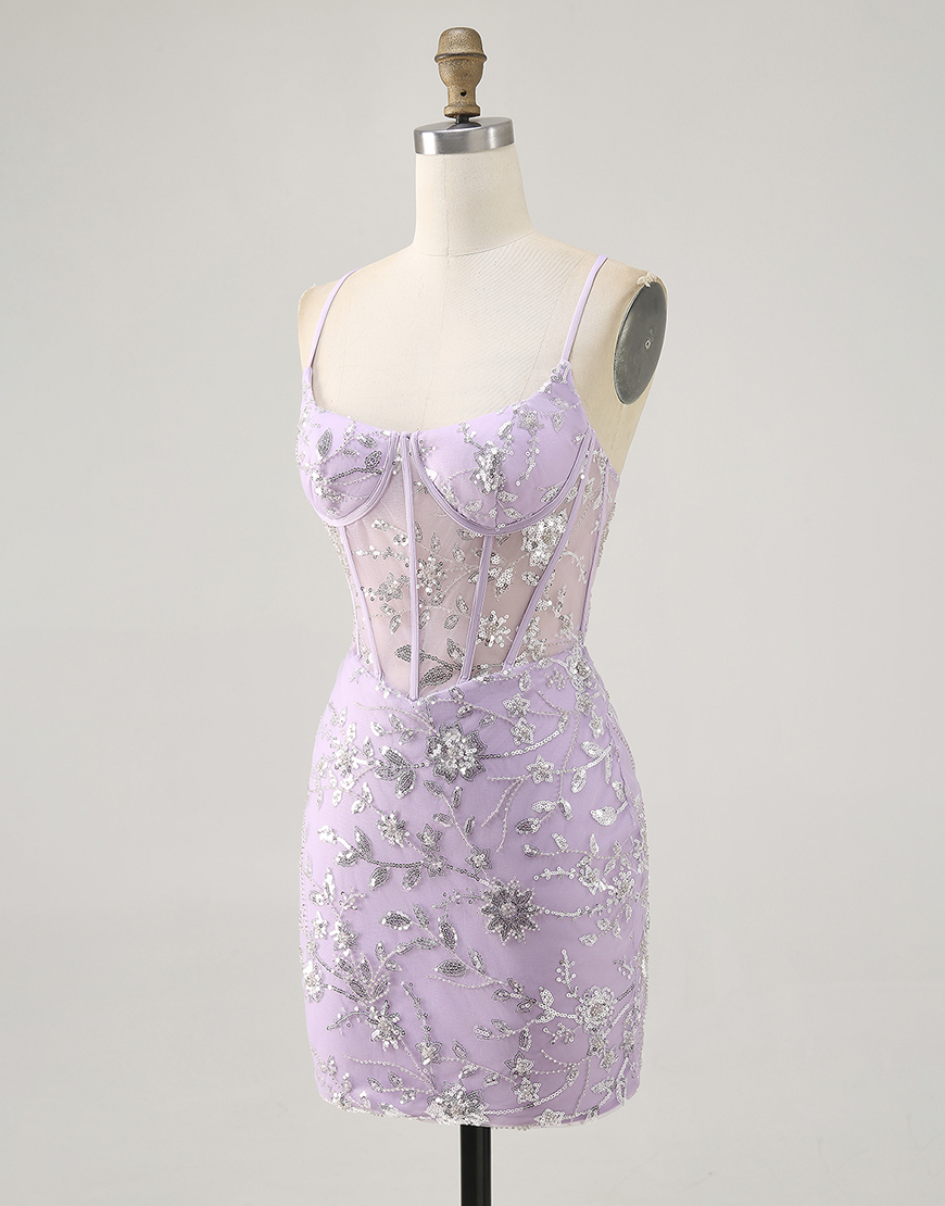 Sparkly Lilac Corset Floral Tight Short Homecoming Dress with Sequins