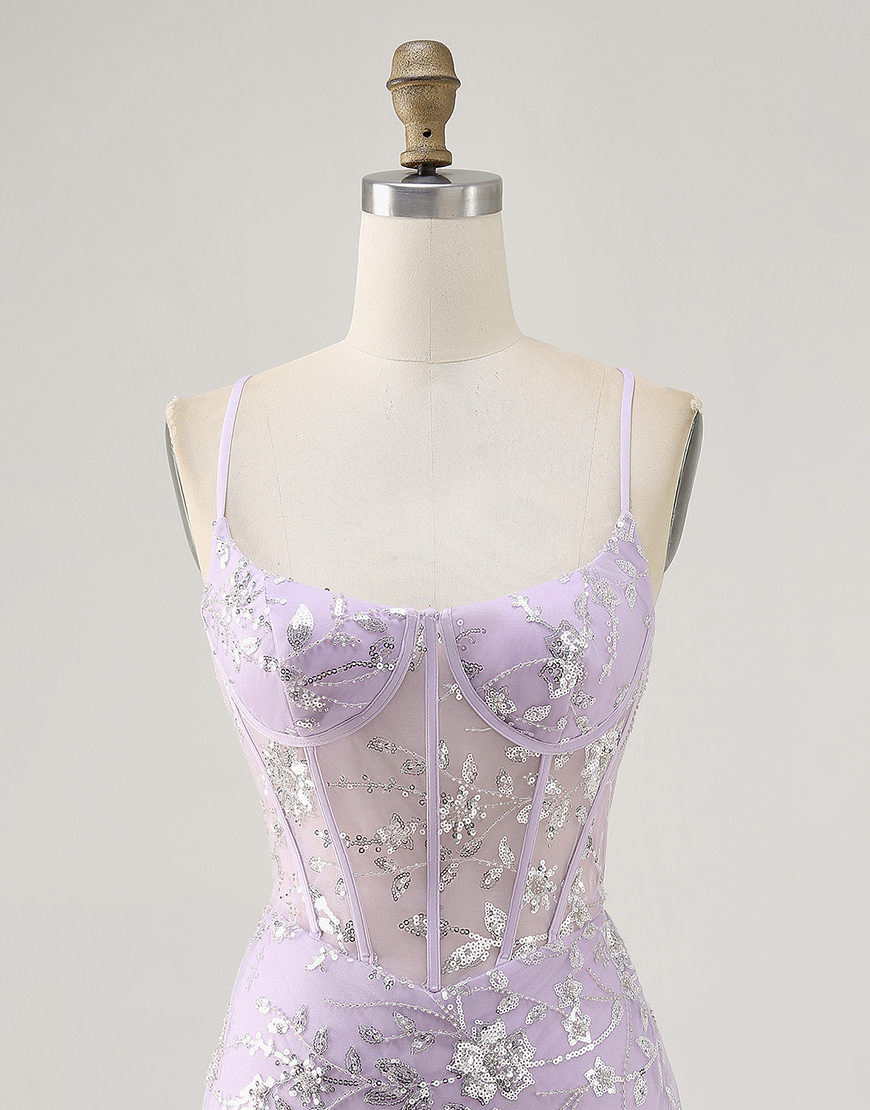 Sparkly Lilac Corset Floral Tight Short Homecoming Dress with Sequins