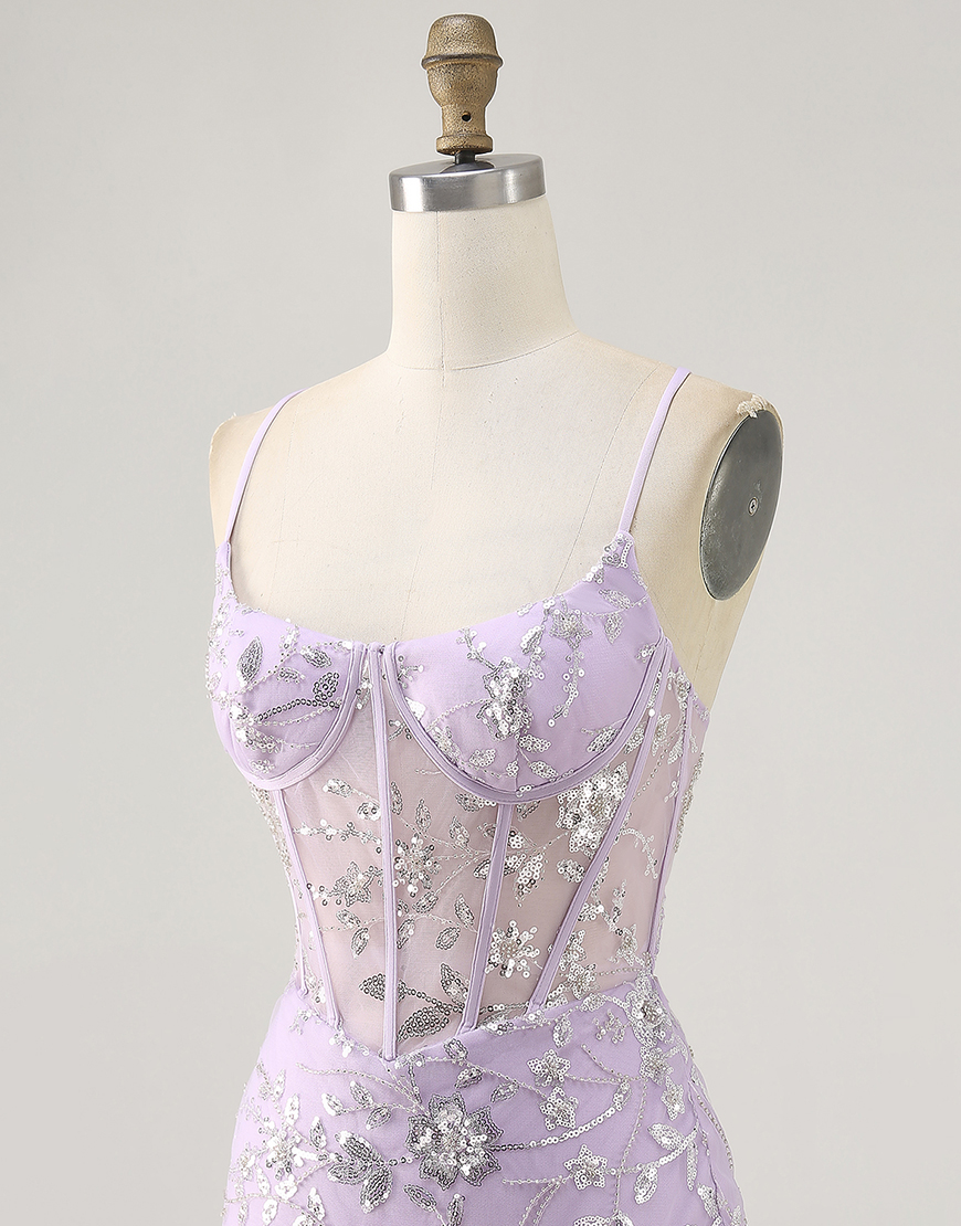 Sparkly Lilac Corset Floral Tight Short Homecoming Dress with Sequins