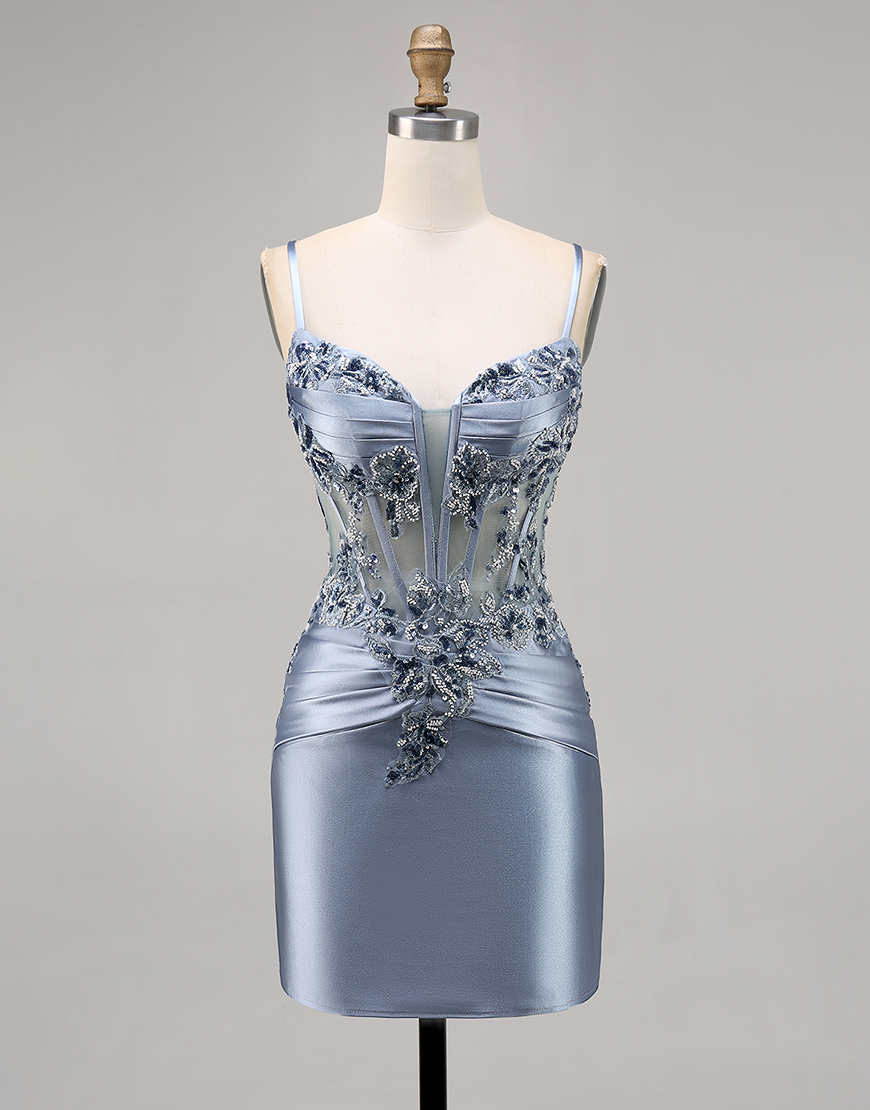 Grey Blue Satin Tight Short Corset Homecoming Dress with Appliques
