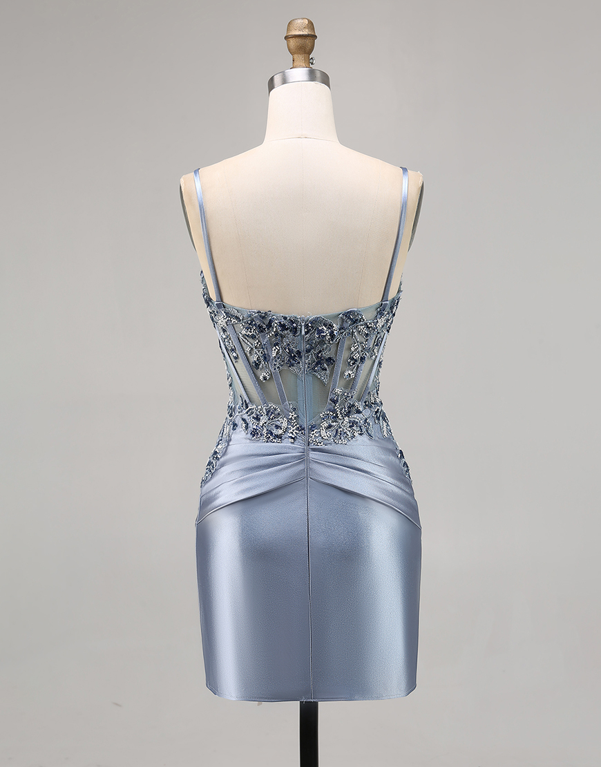 Grey Blue Satin Tight Short Corset Homecoming Dress with Appliques