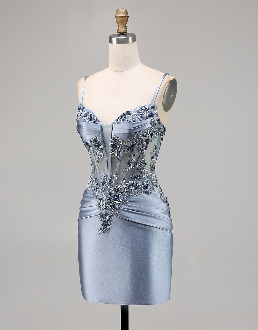 Grey Blue Satin Tight Short Corset Homecoming Dress with Appliques